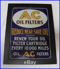 1930's 40's Ac Oil Filters Tin Sign Vintage Change Miles Rare, Antique Gm Chev