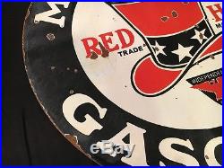 1940's Vintage Porcelain Red Hat Gasoline Motor Oil 2 Sided Enamel Sign