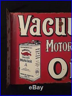 1940's Vintage Porcelain Vaccum Motor Oils With Flange 2 Sided Enamel Sign