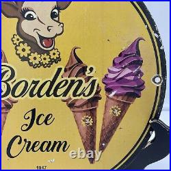 1947 Vintage''borden's Ice Cream'' 12 Inch Gas & Oil Porcelain Dealer Sign
