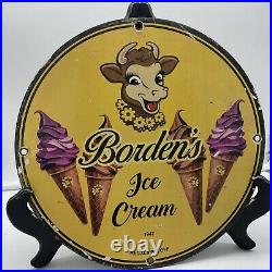 1947 Vintage''borden's Ice Cream'' 12 Inch Gas & Oil Porcelain Dealer Sign