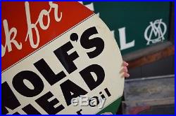 1949 Vintage Wolf's Head Sign 2 sided flange Oil Gas Station advertising CLEAN
