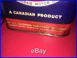 2 Vintage Huskie Oil Grease Can original Advertising Canadian Products Canada