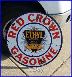 30 Vintage Sign Red Crown Ethyl Oil Gas Double Sided Porcelain original