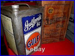 40s Gulf Gulfpride METAL 5 gallon oil can and Wood Crate GULF, vintage, WOW