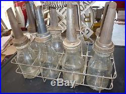 8 Vintage Master Quart Glass Motor Oil Bottles With Original Rack
