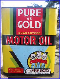 Antique 2gal Pep Boys Motor Oil Tin Litho Can Pure As Gold Vintage Gas Station