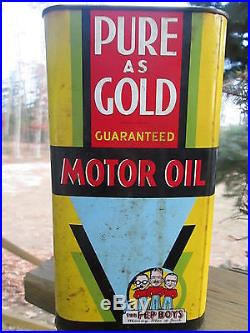 Antique 2gal Pep Boys Motor Oil Tin Litho Can Pure As Gold Vintage Gas Station