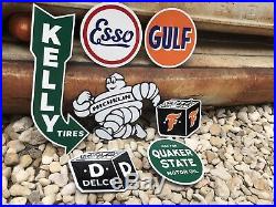 Antique Vintage Old Style Michelin Gulf Firestone Esso Gas Oil Signs Lot of 7