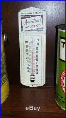 Authentic Original Vintage RED INDIAN AVIATION MOTOR OIL TIN THERMOMETER