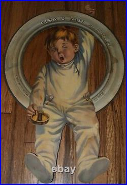 EXTREMELY RARE Vintage 1915ish Die Cut FISK TIRE BOY GAS OIL Advertising SIGN