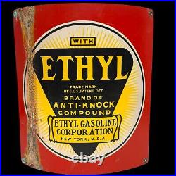 Early Original Vintage Curved Ethyl Gasoline Gas & Oil Pump Plate Tin Sign NR