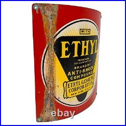 Early Original Vintage Curved Ethyl Gasoline Gas & Oil Pump Plate Tin Sign NR