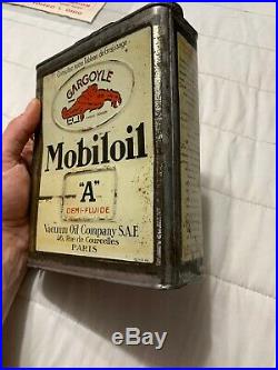 Early Rare Vintage Original Auto French Gargoyle Mobiloil A Slim Can Oil Can
