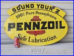 Giant Vintage 1950's Pennzoil Porcelain Sign 30 X 20