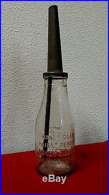 Handy oiler gas oil glass bottle vintage quart metal spout danville indiana