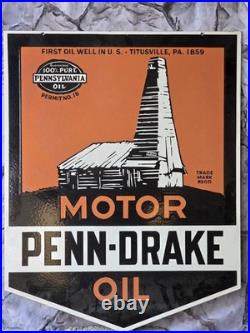 Huge Heavy Vintage Penn-drake Motor Oil Double-sided Porcelain Sign 28×22