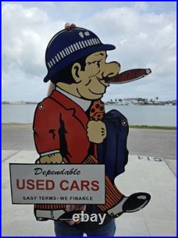 Huge Vintage Dependable Used Cars Porcelain Sign Gas Auto Sales 30 X 21.5