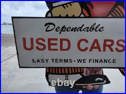 Huge Vintage Dependable Used Cars Porcelain Sign Gas Auto Sales 30 X 21.5