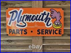 Huge Vintage Plymouth Parts And Service Roadrunner Porcelain Sign 30 X 15