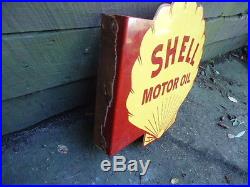 Large Vintage Shell Motor Oil Double Sided Flange Porcelain Sign
