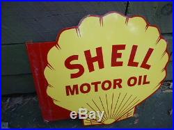 Large Vintage Shell Motor Oil Double Sided Flange Porcelain Sign