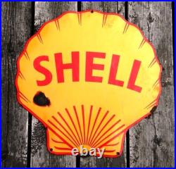 LARGE VINTAGE SHELL PORCELAIN METAL SIGN 18 x 17-1/2 GAS STATION OIL PUMP LUBE
