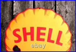 LARGE VINTAGE SHELL PORCELAIN METAL SIGN 18 x 17-1/2 GAS STATION OIL PUMP LUBE