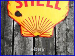 LARGE VINTAGE SHELL PORCELAIN METAL SIGN 18 x 17-1/2 GAS STATION OIL PUMP LUBE
