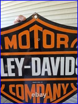Large Rare Vtg Harley Davidson DOUBLE-SIDED Heavy Porcelain Sign 24X 16