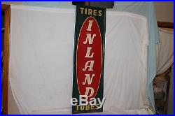 Large Vintage 1940's Inland Tires Tubes Gas Station Oil 53 Embossed Metal Sign