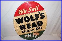Large Vintage 1946 Wolf's Head Motor Oil Gas Station 2 Sided 30 Metal Sign