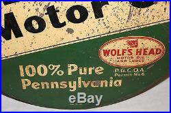 Large Vintage 1946 Wolf's Head Motor Oil Gas Station 2 Sided 30 Metal Sign