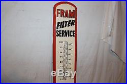 Large Vintage 1950's Fram Filter Service Air Gas Oil 39 Metal Thermometer Sign