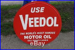 Large Vintage 1950's Veedol Motor Oil Gas Station 42 Embossed Metal SignNice