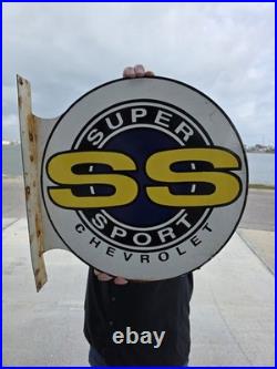 Large Vintage Chevrolet Super Sport Double-sided Porcelain Flange Sign 17