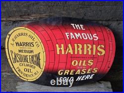 Large Vintage Harris Oil & Greases Sold Here Porcelain Barrel Sign 27 X 16.5 Large Vintage Harris Oil & Greases Sold Here Porcelain Barrel Sign 27 X 16.5
