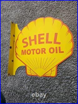 Large Vintage Shell Motor Oil Double-sided Porcelain Flange Sign 17