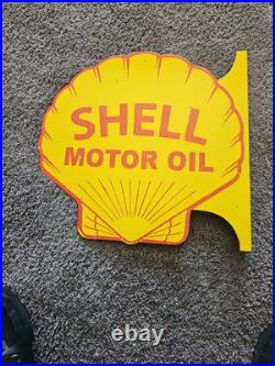 Large Vintage Shell Motor Oil Double-sided Porcelain Flange Sign 17