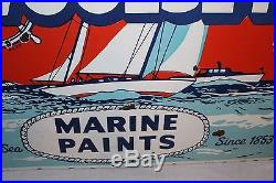 Large Vintage c. 1950 Woolsey Marine Paints Boat Gas Oil 34 Porcelain Metal Sign