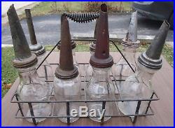 Lot of 8 Vintage Antique Motor Oil Glass Quart Bottle With Metal Rack