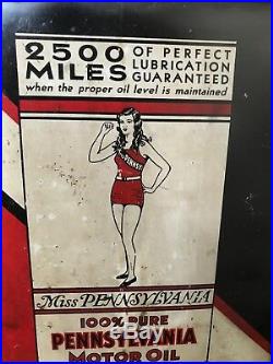 MISS PENNSYLVANIA 2500 MILES 2 Gallon Vintage MOtor Oil Tin Can RARE