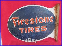 Old VINTAGE Firestone Tires Flange Sign Advertising Double Sided Gas & Oil