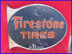 Old VINTAGE Firestone Tires Flange Sign Advertising Double Sided Gas & Oil