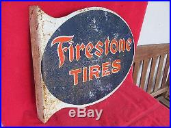 Old VINTAGE Firestone Tires Flange Sign Advertising Double Sided Gas & Oil