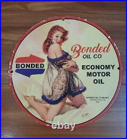 Old Vintage 1952 Bonded Oil Co. Pin Up Mancave Garage Bar Porcelain Sign 12 Inch
