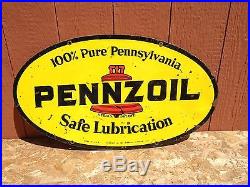 Old Vintage Original Pennzoil Sign Double Sided Metal Oval Gas Oil Advertising