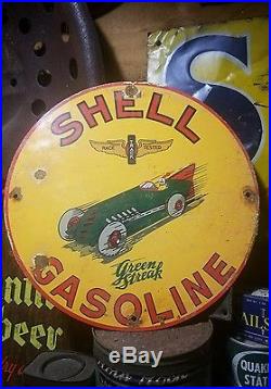 Old vintage Shell racing green streak sign gas oil pump plate rare