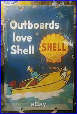 Old vintage porcelain double sided shell boat gas oil Johnson evinrude sign rare