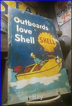 Old vintage porcelain double sided shell boat gas oil Johnson evinrude sign rare